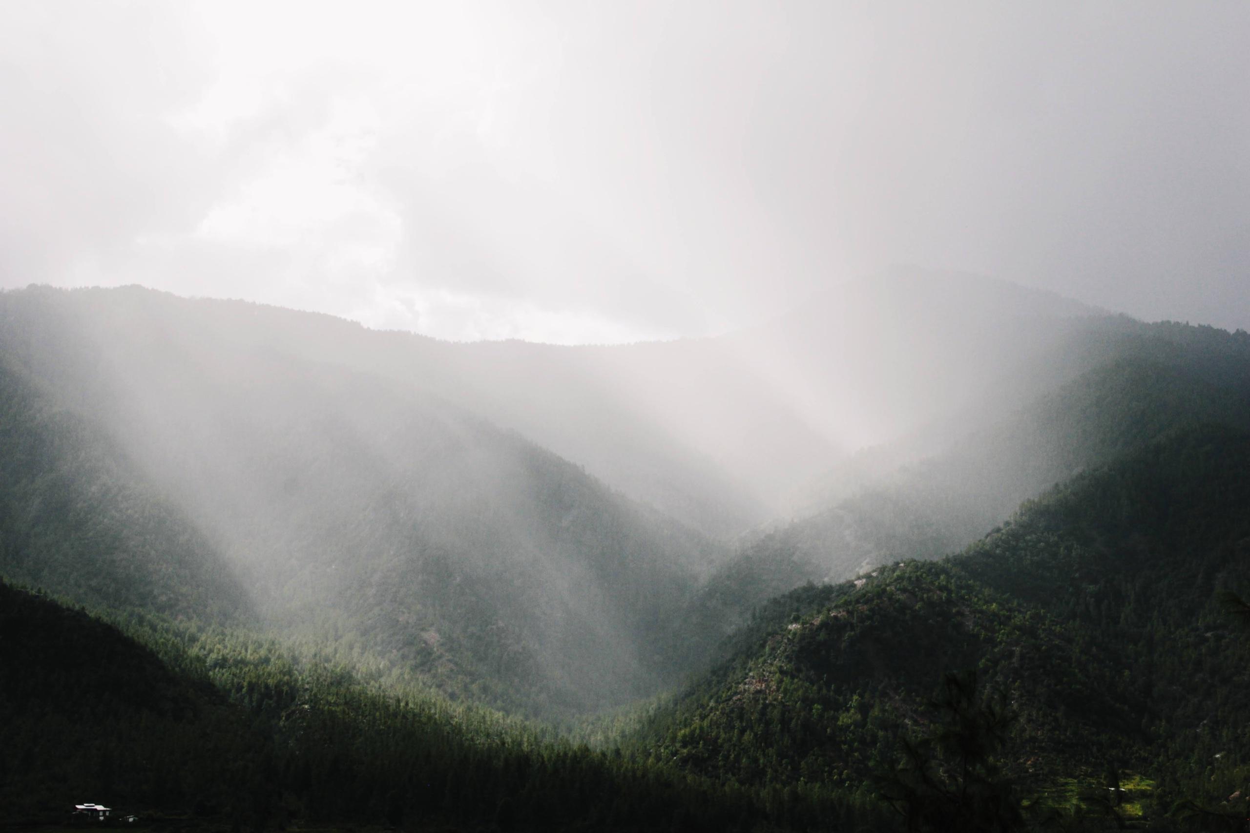 Sunlight breaking through mist above a forested valley in Paro